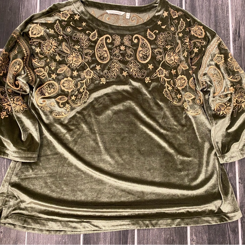 SOFT SURROUNDINGS Helena Velvet Embroidered Top Olive Green Tan Bohemian Bin PM